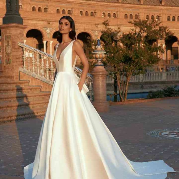 Marchesa for Pro Novias V Neck Satin Wedding Dress - Picture 3 of 5